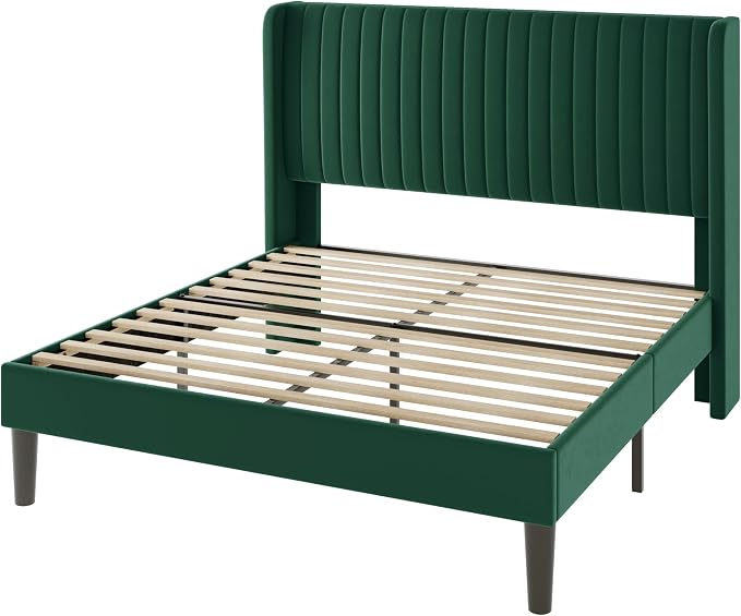 Allewie Full Size Bed Frame/Velvet Upholstered Platform Bed/Vertical Channel Tufted Wingback Headboard/Strong Wooden Slats/No Box Spring Needed/Easy Assembly/Green