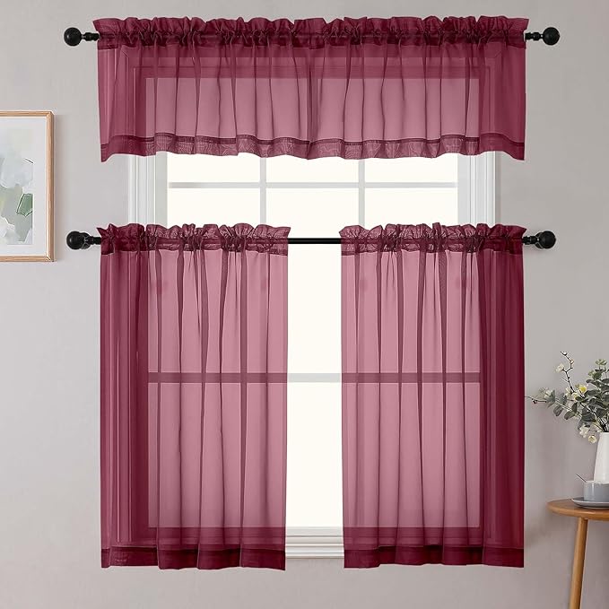 Cafe Curtains 36 Inch Length Tier 2 Pieces, Modern Soft Airy Sheer Kitchen Short Curtains for Small Window, Rod Pocket Small Curtain for Bathroom Basement, Burgundy, Each, 42" Wx36 L Inches