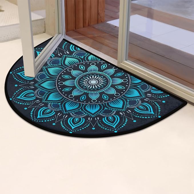 Pardick Half Round Doormat Semi Circle Rug Blue Mandala Elegant Non Slip Indoor Outdoor Entrance Half Moon Rug Absorbent Durable Washable Front Floor Mat for Kitchen Bathroom Patio Fireplace
