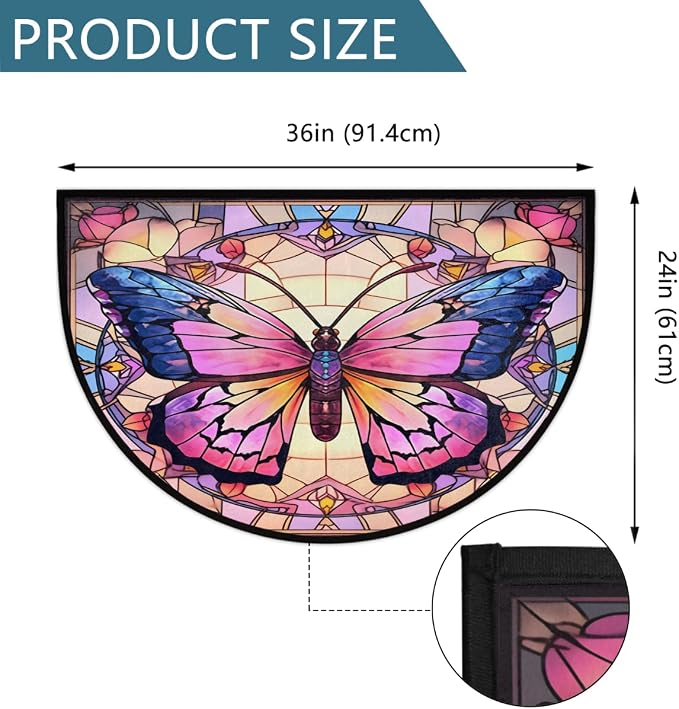 Flower Half Round Door Mat Non-Slip Semi Circle Rug Half Moon Doormat | Color Butterfly Soft Washable Welcome Entrance Mat for Outdoor Indoor Floor Bedroom Bathroom Home Kitchen Festival Decor