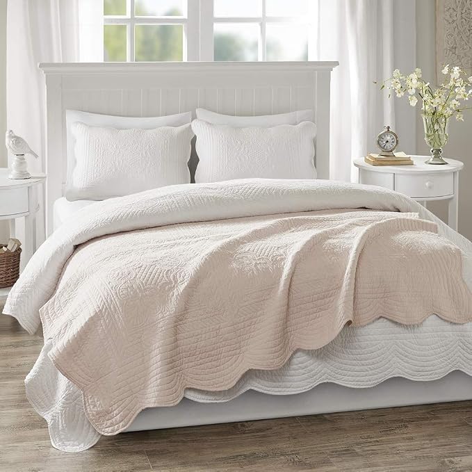 Madison Park Luxe Damask Stitching Throw Blanket, 60"x72" | Cotton Filled Spread, Ultra Soft, Cozy Bedding for Living Room Couch, Sofa, Bed, Scalloped Borders, Blush