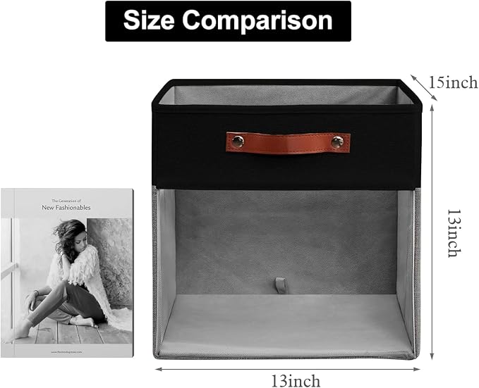 Bagnizer Storage Cubes, 4 Pack Linen Foldable Storage Bins with Clear Window and 2 Handles, 13x15x13 Storage Cube Bins for Shelf Closet, Kallax, Clothes, Books - (Gray / Black)