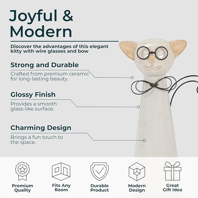 Ceramic Cat Figurine Sculpture – Playful Room Decor Accent, Shelf, Desk, or Console Placement, Whimsical Cat Home Decor With Glasses and Bow – 11", White