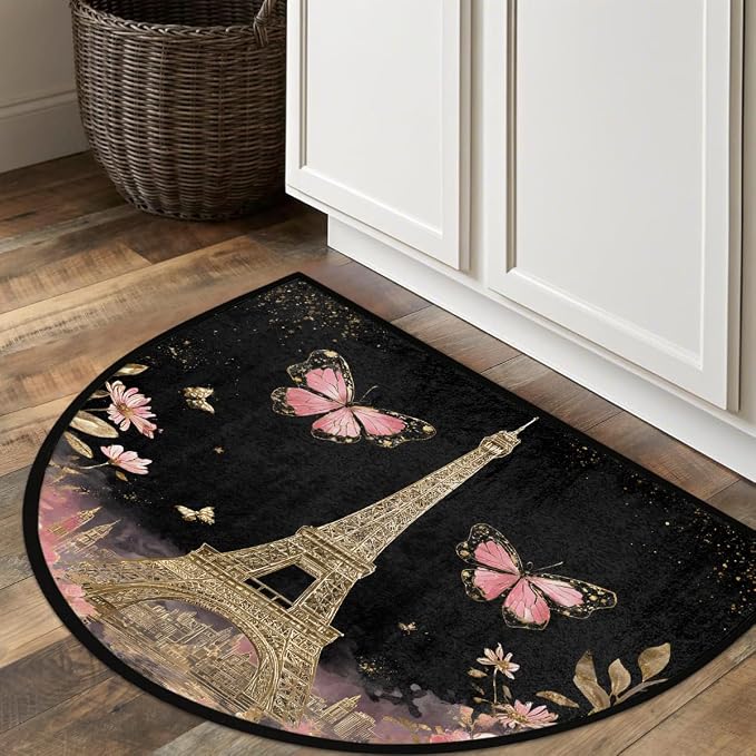 Flower Half Round Door Mat Semi Moon Rug Fireplace Carpet Area Rugs | Gold Pari Non Slip Absorbent Half Circle Mat Carpet for Indoor Outdoor Patio Kitchen Bathroom Entryway Home Decor
