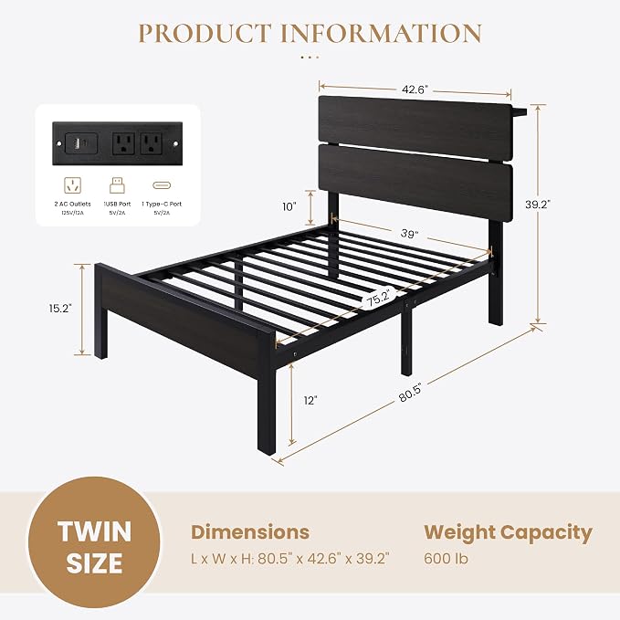 SHA CERLIN Twin Size Bed Frame, Led Light, Charging Station, Storage Shelf | Wooden Headboard, Heavy Duty Slats Support, Metal Platform Bed, Under Bed Storage, No Box Spring Needed, Noise Free, Black