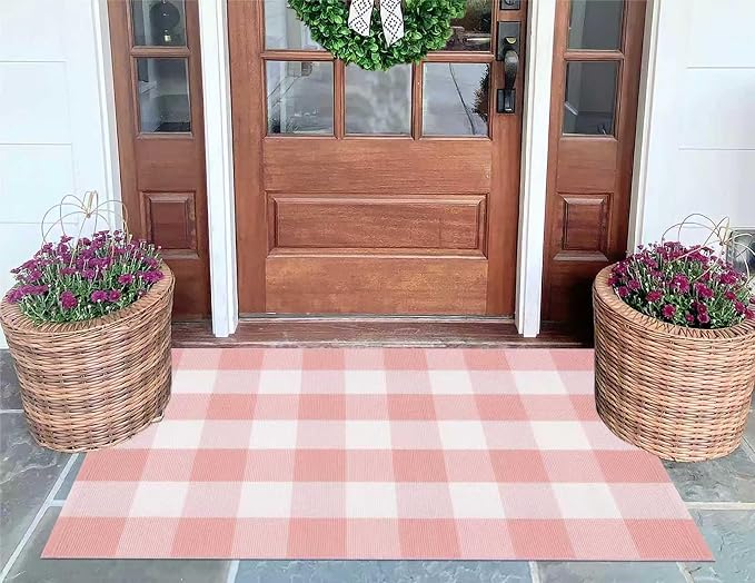 Buffalo Plaid Outdoor Rug 27.5''X 43.3' Pink White Checked Porch Rug Cotton Woven Washable Rug Layering Doormat for Welcome Door Mat Entryway Dining Room Bedroom Living Room