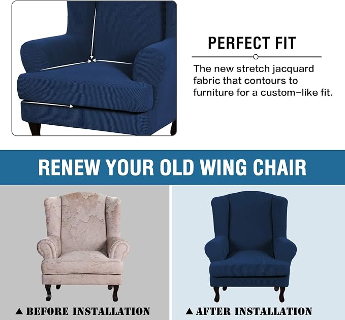 H.VERSAILTEX 2 Piece Stretch Jacquard Wingback Chair Covers Slipcovers Wing Chair Covers (Base Cover Plus Seat Cushion Cover) Furniture Covers for Wingback Chairs, Form Fitted Thick Soft, Navy