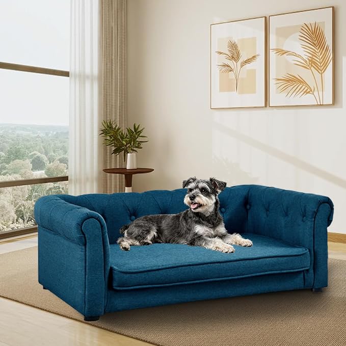Dog Sofa for Small & Medium Dogs | Removable & Washable | No Assembly Required | Breathable Linen Fabric | Soft Foam Cushion |Floor-friendly sofa legs | Blue
