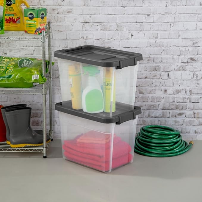 Sterilite Modular Stacker Box with Latching Lid, 30 Quart, 12-Pack | Clear Plastic Storage Bins - Stackable Organizing Container Boxes for Closet, Bathroom, and Office