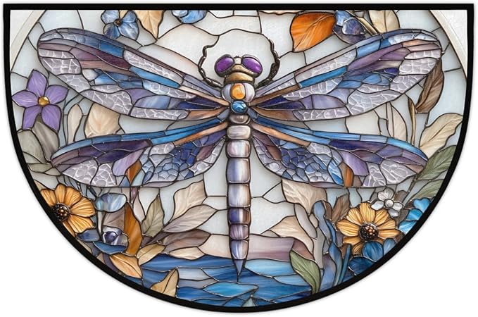 Dragonfly Half Round Door Mat Outdoor Doormat Bedroom Entrance Rug A13 | Dragonfly Glass Painting Semi Moon Door Mat Non-Slip Absorbent Kitchen Rug Indoor Welcome Bath Mat 36" X 24"