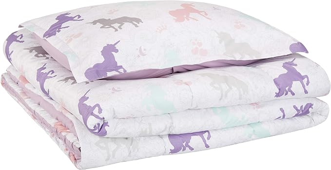 Amazon Basics 2-Piece Soft Easy-Wash Microfiber Kid's Comforter and Pillow Sham Set, Twin, Purple Unicorns, Animal Printed