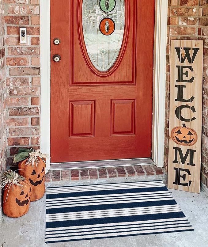 Blue and White Striped Doormat 24'' x 35'' Front Porch Rug Machine Washable Indoor Outdoor Doormat for Front Porch Hand-Woven Entryway Rug for Laundry/Bathroom/Bedroom