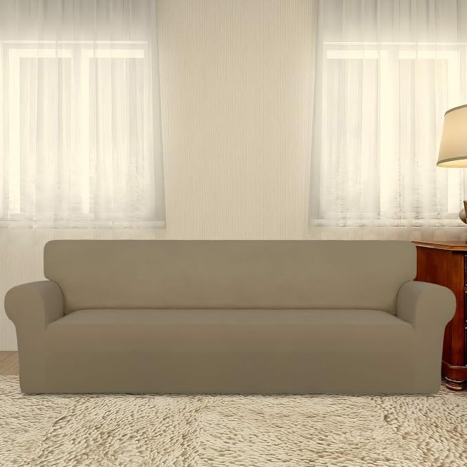 PureFit Stretch Couch Covers for Sofa 4 Seater Slipcovers Tan | 1-Piece Sofa Cover Washable Soft Couch protector, Couch Slipcover with Non Skid Foam and Elastic Bottom for Kids, Dogs