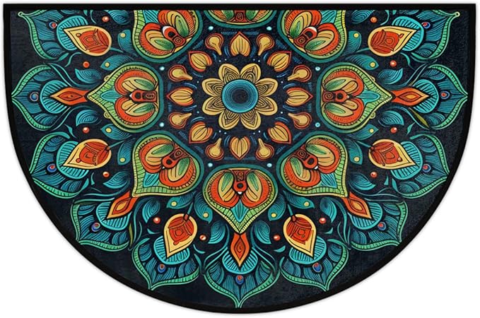 Flowers Mandala Half Round Door Mat Non Slip Half Circle Rugs | Green Ethnic Washable Half Moon Rug Semi Circle Rugs Indoor Entrance Floor Carpet for Kithen Bedroom Fireplace Decor