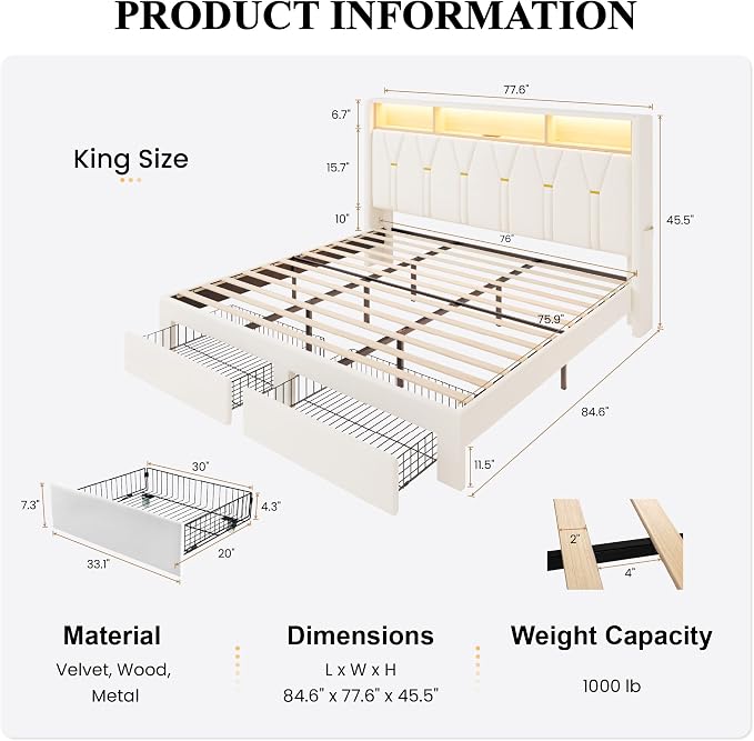 SHA CERLIN Velvet King Platform Bed Frame with 2 Storage Drawers, LED Storage Headboard with Charging Station, Wingback Upholstered, Noise Free, No Box Spring Needed, Easy Assembly, White