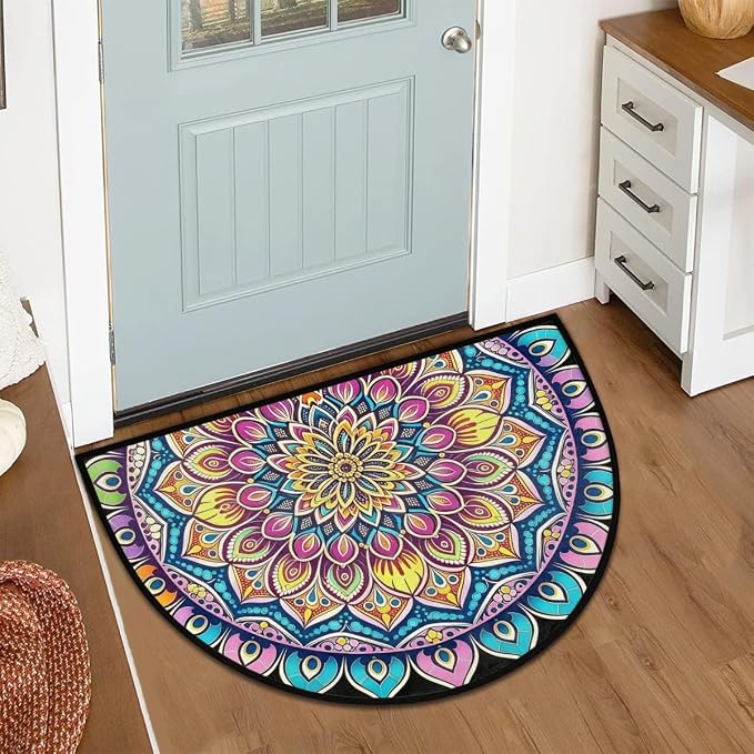Mandala Half Round Door Mat Non Slip Half Circle Rugs | Ethnic Color Washable Half Moon Rug Semi Circle Rugs Indoor Entrance Floor Carpet for Kithen Bedroom Fireplace Decor