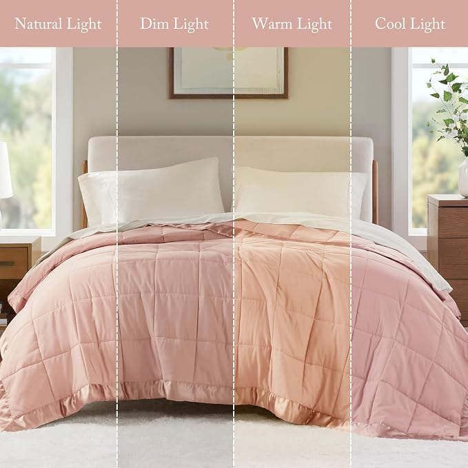 Madison Park Down Alternative King Size Blanket for Bed, Satin Trim, Blush | Lightweight Windom Blanket Premium 3M Scotchgard Moisture Wicking Treatment, OEKO TEX, Soft Bed Cover, All Season