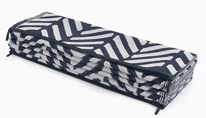 FH Home Outdoor Camping Rug - Waterproof, Fade Resistant, Reversible - Premium Recycled Plastic - Herringbone - Large Patio, Deck, Sunroom, RV - Fresno - Navy - 9 x 12 ft Foldable