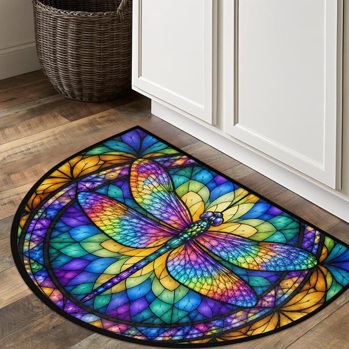 Dragonfly Half Round Door Mat Outdoor Doormat Bedroom Entrance Rug A6 | Dragonfly Colored Glass Painting Semi Moon Door Mat Non-Slip Absorbent Kitchen Rug Indoor Welcome Bath Mat 36" X 24"