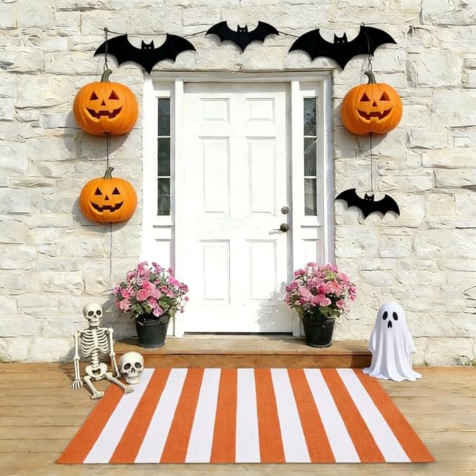Striped Outdoor Rug 3' x 5' Orange and White Front Door Mat, Halloween Layering Rug for Porch, Washable Doormat, Cotton Area Rug for Outdoor Entrance Entryway Patio Porch Decor