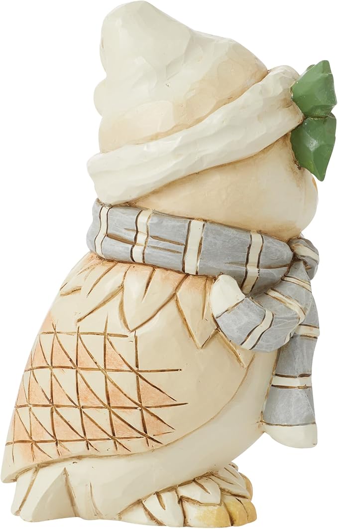 Enesco Jim Shore Heartwood Creek White Woodland Owl Wearing a Hat and Scarf Miniature Figurine- Stone Resin Hand Painted Crafted Collectible Mini Figurines Christmas Home Decor Statue, 4.72 Inch