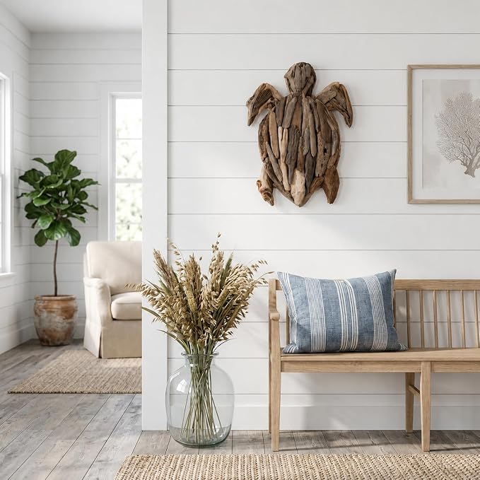 Wooden Driftwood Turtle Sculpture – Relaxed Coastal Room Decor Accent, Living Room or Patio Wall Display, Organic Texture and Artful Home Decor Silhouette – 16"x 22"x 3", Brown