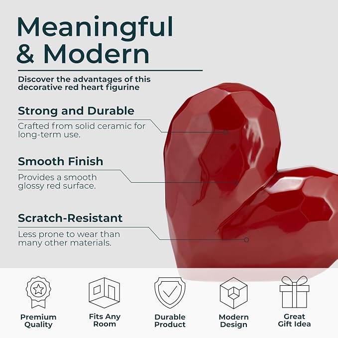 Decorative Ceramic Heart Sculpture for Home Decor - Ornament for Bathroom, Office, and Living Room Decor - Modern Figurine Accent for Bedroom, Shelf Display, and Coffee Table - 12", Red