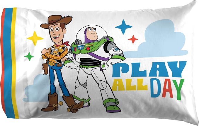 Jay Franco Kids Sheet Cartoon Set with Fitted, Flat Sheets & Pillow Cover - Ultra-Soft Bedding with Pillowcase for Room Decor, White - Toy Story, 4 Piece Queen