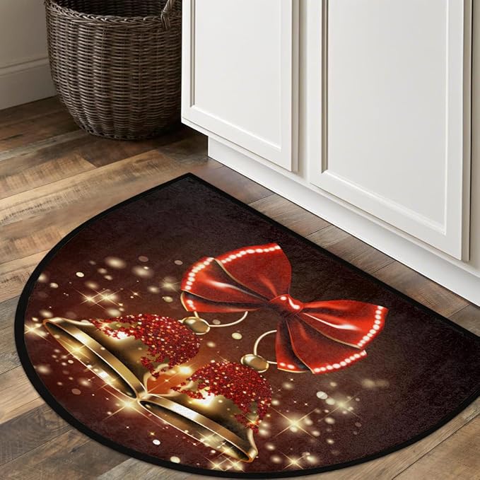 cfpolar Christmas Red Bells Xmas Half Round Door Mat Outdoor Entrance Large 24"x36" Half Circle Welcome Entrance Way Mat Semi Circular Front Door Mat Area Rug for Garage, Patio, High Traffic Areas