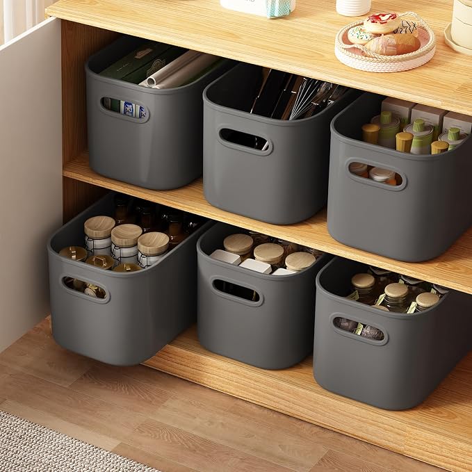 ORGIDOL 8 Pack Dark Grey Storage Bins with Lids Stackable Storage Container for Organizing, Storage Boxes with Handle for Shelves, Cute Organizer Bins for Craft, Snacks, 9.85x6.9x5.7 inch