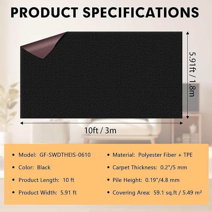 Grefinity Marine Carpet,6 FT x 10 FT Black Indoor Outdoor Carpet 0.2" Thick Boat Rug with Water-Proof TPE Backing for Home, Patio, Porch, Deck