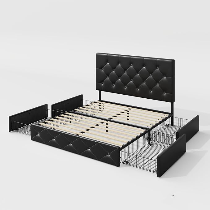 Allewie Upholstered Full Size Platform Bed Frame with 4 Storage Drawers and Headboard, Diamond Stitched Button Tufted, Mattress Foundation with Wooden Slats Support, No Box Spring Needed, Black
