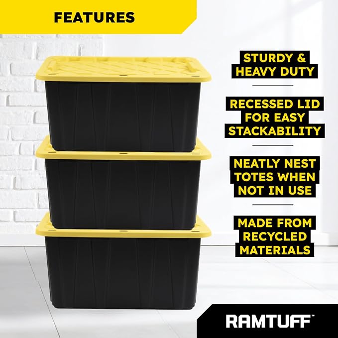 Ramtuff STRONG BOX Black & Yellow, 27-Gallon Heavy Duty Tough Storage Container & Snap-Tight Lid, (15.2" x 19.6" x 28.5" Weather-Resistant Design Stackable Organization Tote (2 Pack)