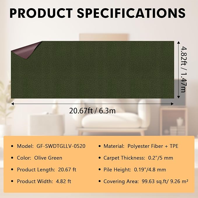 Grefinity Marine Carpet,5 FT x 20 FT Olive Green Indoor Outdoor Carpet 0.2" Thick Boat Rug with Water-Proof TPE Backing for Home, Patio, Porch, Deck