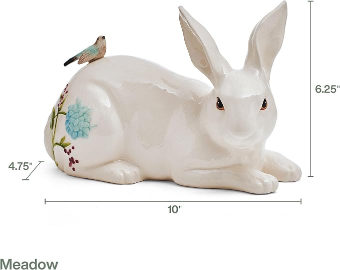 Fitz and Floyd Meadow Rabbit Ceramic Decorative Resting Figurine, 10 Inch