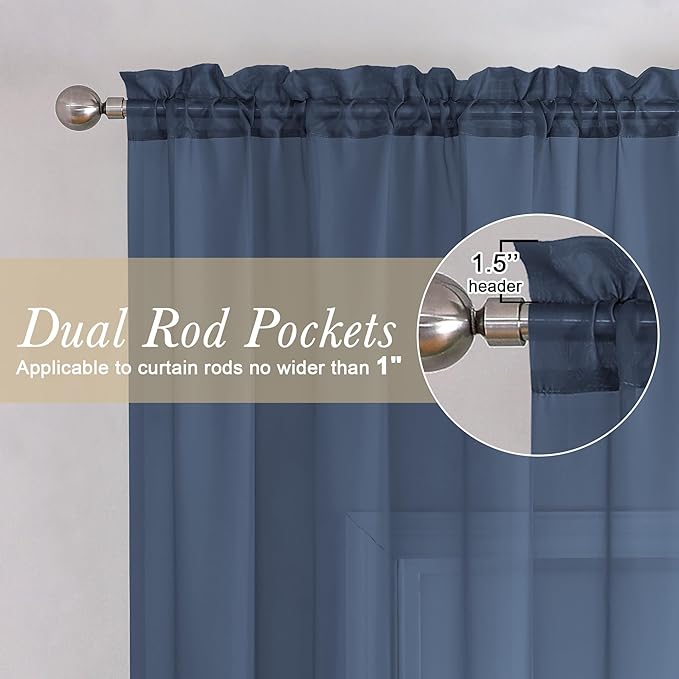 Lecloud Navy Blue Sheer Curtains 90 Inches Long 2 Panels, Light Filtering Voile - Image 5