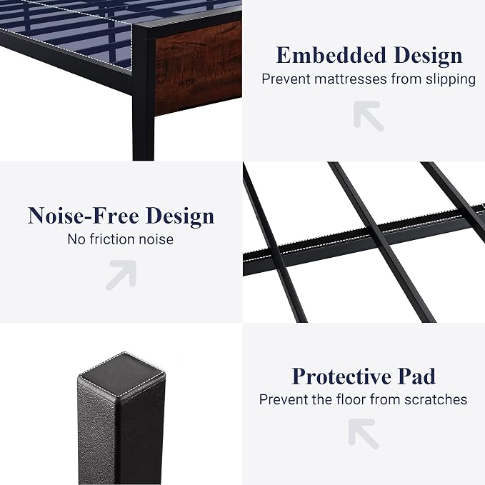 Allewie Queen Size Bed Frame, Heavy Duty 12 Metal Slats Support, Mahogany | Wooden Headboard and Footboard, Modern Platform Bed, No Box Spring Needed, Under-Bed Storage, Noise Free, Easy Assembly