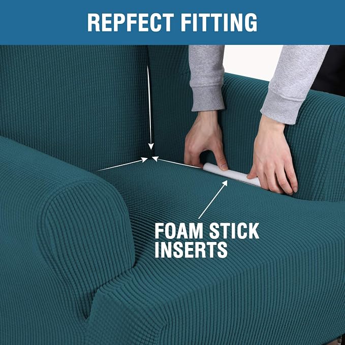 H.VERSAILTEX Wing Chair Slipcover Chair Covers for Wingback Chairs Wingback Chair Covers Slipcovers 1 Piece Stretch Sofa Cover Furniture Protector Soft Spandex Jacquard Checked Pattern, Deep Teal