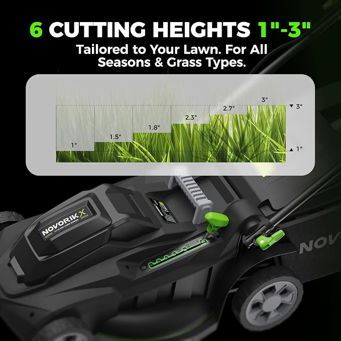 NovorikX 40V 17-Inch Cordless Lawn Mower, Brushless Electric Lawn Mower with Dual 4.0Ah Batteries & Charger, 6 Cutting Heights, 2-in-1 Mulching & Bagging