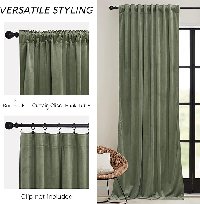 RYB HOME Sage Green Velvet Curtains with Hook Tape, Thermal Insulated Privacy Protect Decorative Drapes for Home Theater, W 52 x L 72 inches, 2 Panels Set