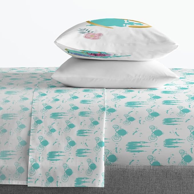 Jay Franco Kids Sheet Set with Fitted, Flat Sheets & Pillow Cover - Ultra-Soft Bedding with Pillowcase for Room Decor, Blue - Princess Cinderella, 4 Piece Queen