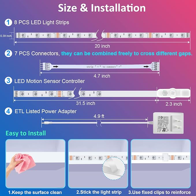maylit 8 PCS Motion Sensor RGB Under Cabinet Lights Kit | App and Remote Control Led Strip Lights, Music Sync Color Changing Led Lights