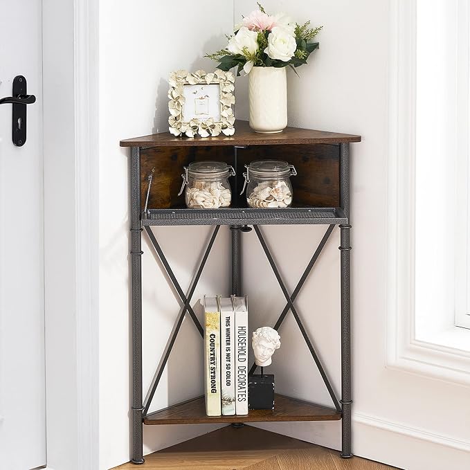 VECELO Corner Cabinet/Table, 3-Tier Display Shelves with Protection Door, Metal Frame Storage Shelf Organizer for Small Space, Living Room, Kitchen, Bathroom