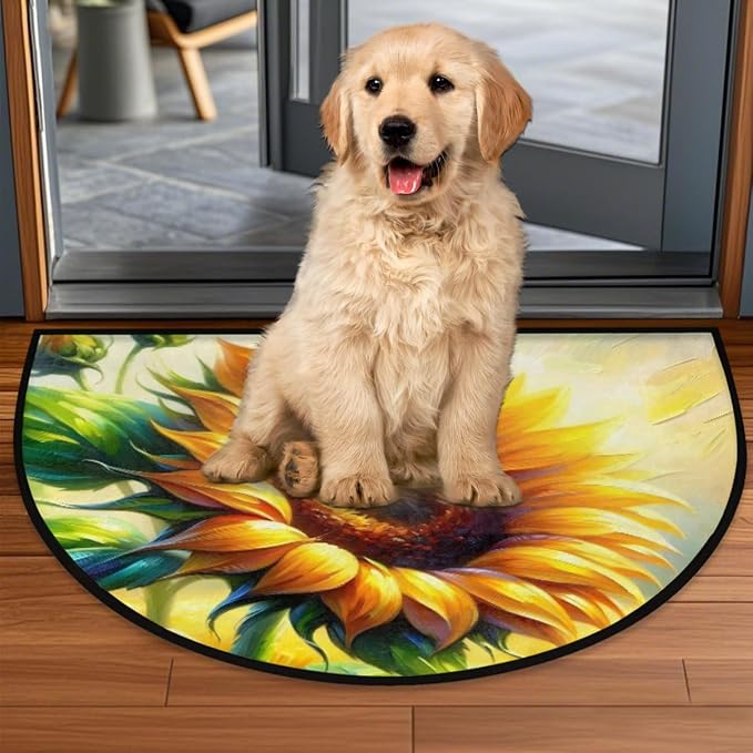 Sunflowers Half Round Doormat Non-Slip Semi Circle Rug Half Moon Mat | Painting Flower Washable Soft Absorbent Indoor Outdoor Entrance Kitchen Bathroom Sink Patio Welcome Fireplace Floor Rug