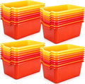 Dandat 32 Pcs Plastic Book Bins for Classroom Library Cubby Bins Scoop Front Stackable Toy Storage Tubs Containers for School Office Home Nursery Playroom Organization (Bright Color)
