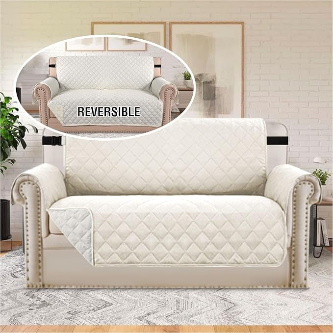 H.VERSAILTEX Water Resistant Loveseat Cover for 3 Cushion Couch Reversible Loveseat Slipcover Furniture Protector with Elastic Strap Non Slip Loveseat Cover for Dogs Pets(Oversized Sofa, Ivory/Beige)