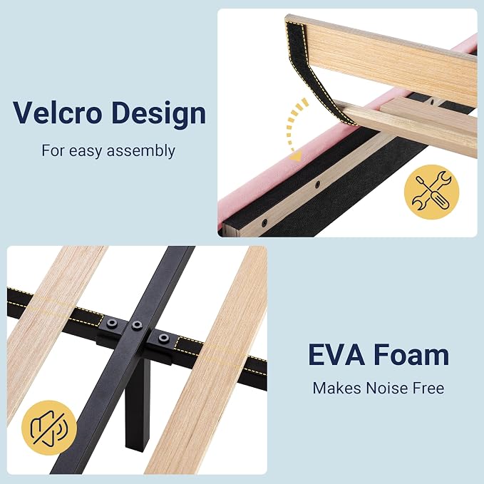 Allewie Full Size Platform Bed Frame with Velvet Upholstered Headboard Pink | Wooden Slats Support, Fully Upholstered Mattress Foundation, No Box Spring Needed, Easy Assembly, Noise-Free, Pink