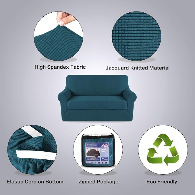 H.VERSAILTEX Loveseat Slipcover 2 Piece Stretch Loveseat Cover Couch Cover|Sofa Cover Suit for T Cushion/Box Cushion, Feature Small Checked Jacquard (58"-70", Deep Teal)