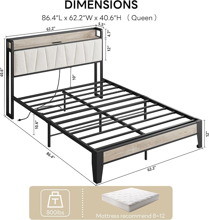 LIKIMIO Queen Bed Frames, Bouclé Storage Headboard with Charging Station, Solid and Stable, Noise Free, No Box Spring Needed, Easy Assembly