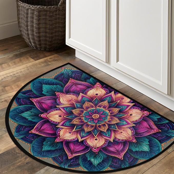 Mandala Retro Half Round Door Mat Semi Moon Rug Fireplace Carpet Area Rugs | Mandala Retro Non Slip Absorbent Half Circle Mat Carpet for Indoor Outdoor Patio Kitchen Bathroom Entryway Home Decor
